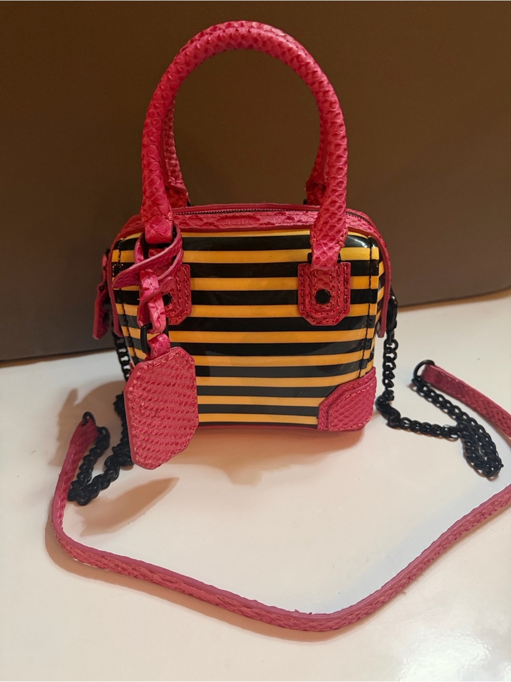Rare Alice + Olivia Pink, Black & Yellow Striped Mini Satchel